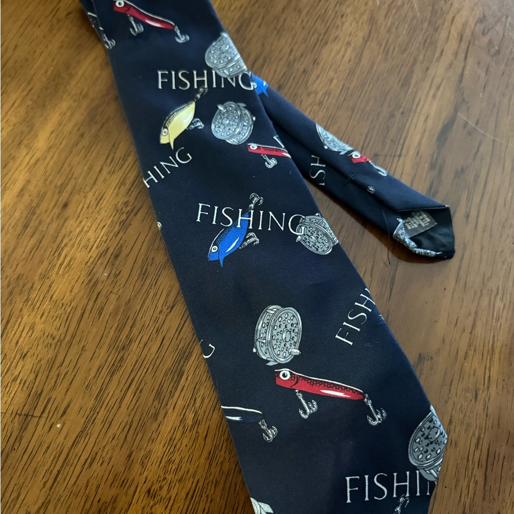 Navy Fishing Lure Print Tie with Multicolor Accents